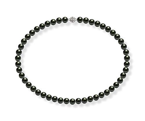 Schmuckwilli Perlenkette für Damen - 45cm Länge mit 8mm großen schwarzen runden Mallorca Perlen - Elegante Muschelkernperlen Kette für jeden Anlass von Schmuckwilli