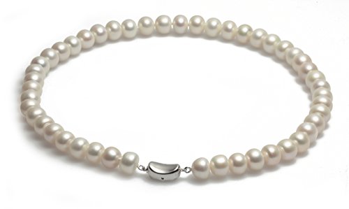 Schmuckwilli Perlenkette für Damen - 45cm Länge mit 9-10mm großen weißen halbrunden Süsswasserperlen - Elegante Kette mit Perlen für jeden Anlass von Schmuckwilli