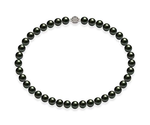 Schmuckwilli Perlenkette für Damen - 50cm Länge mit 10mm großen schwarzen runden Mallorca Perlen - Elegante Muschelkernperlen Kette für jeden Anlass von Schmuckwilli