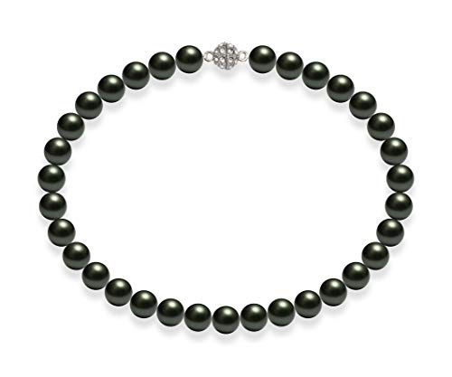 Schmuckwilli Perlenkette für Damen - 50cm Länge mit 12mm großen schwarzen runden Mallorca Perlen - Elegante Muschelkernperlen Kette für jeden Anlass von Schmuckwilli