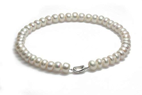 Schmuckwilli Perlenkette für Damen - 45cm Länge mit 11-12mm großen weißen halbrunden Süsswasserperlen - Elegante Kette mit Perlen für jeden Anlass von Schmuckwilli