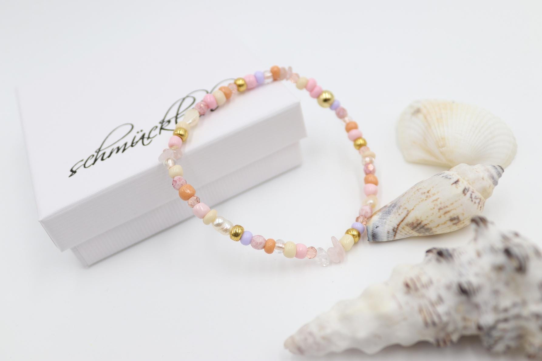 Armband, Süßwasserperlchen, Rosenquarz - Splittern Und Glas in Flieder, Orange, Beige von schmuecklichShop