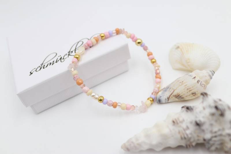 Armband, Süßwasserperlchen, Rosenquarz - Splittern Und Glas in Flieder, Orange, Beige von schmuecklichShop