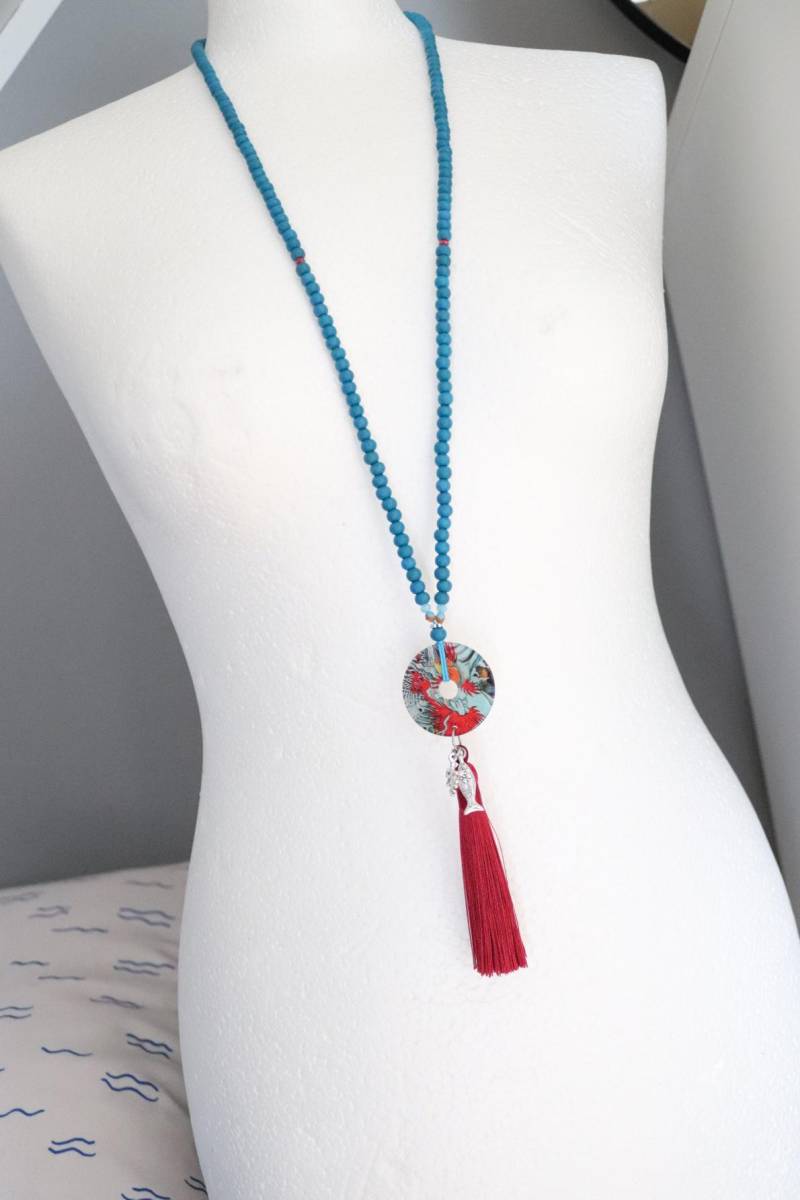 Unikat - Lange Kette in Petrol Und Rot Mit Acryl - Scheibe Quast von schmuecklichShop