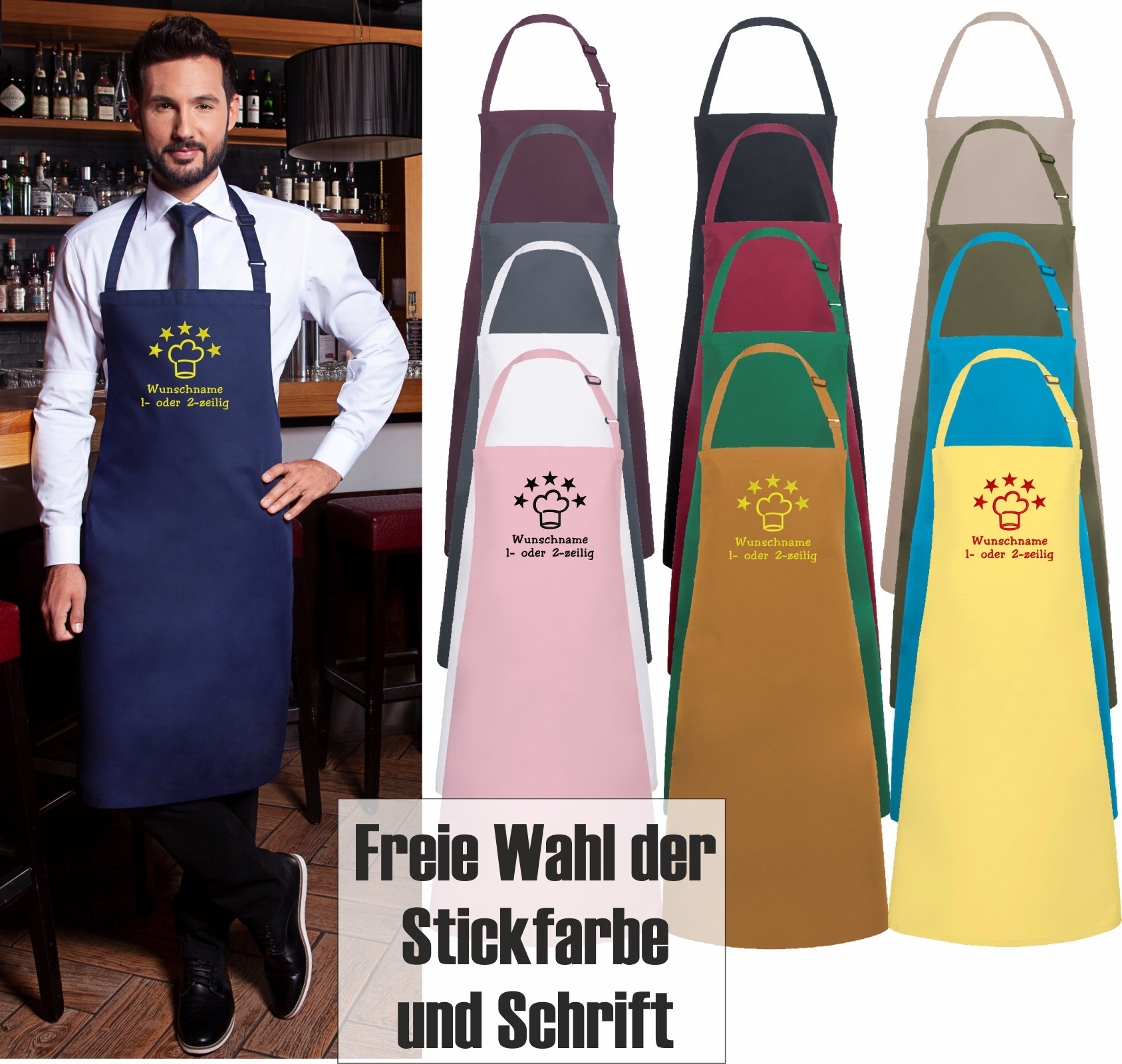5 Sterne Deluxe Latzschürze Bestickt Mit Wunschtext/Namen Grillschürze Bistroschürze Backschürze von schuerzenmarkt