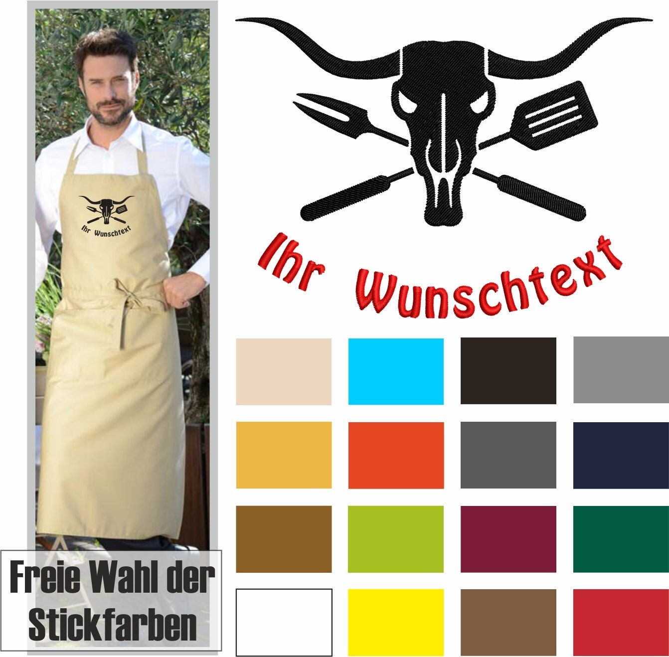 Bbq Bull Grillschürze Bestickt Mit Name, 95 Grad Waschbar. Männerschürze - Personalisiert von schuerzenmarkt