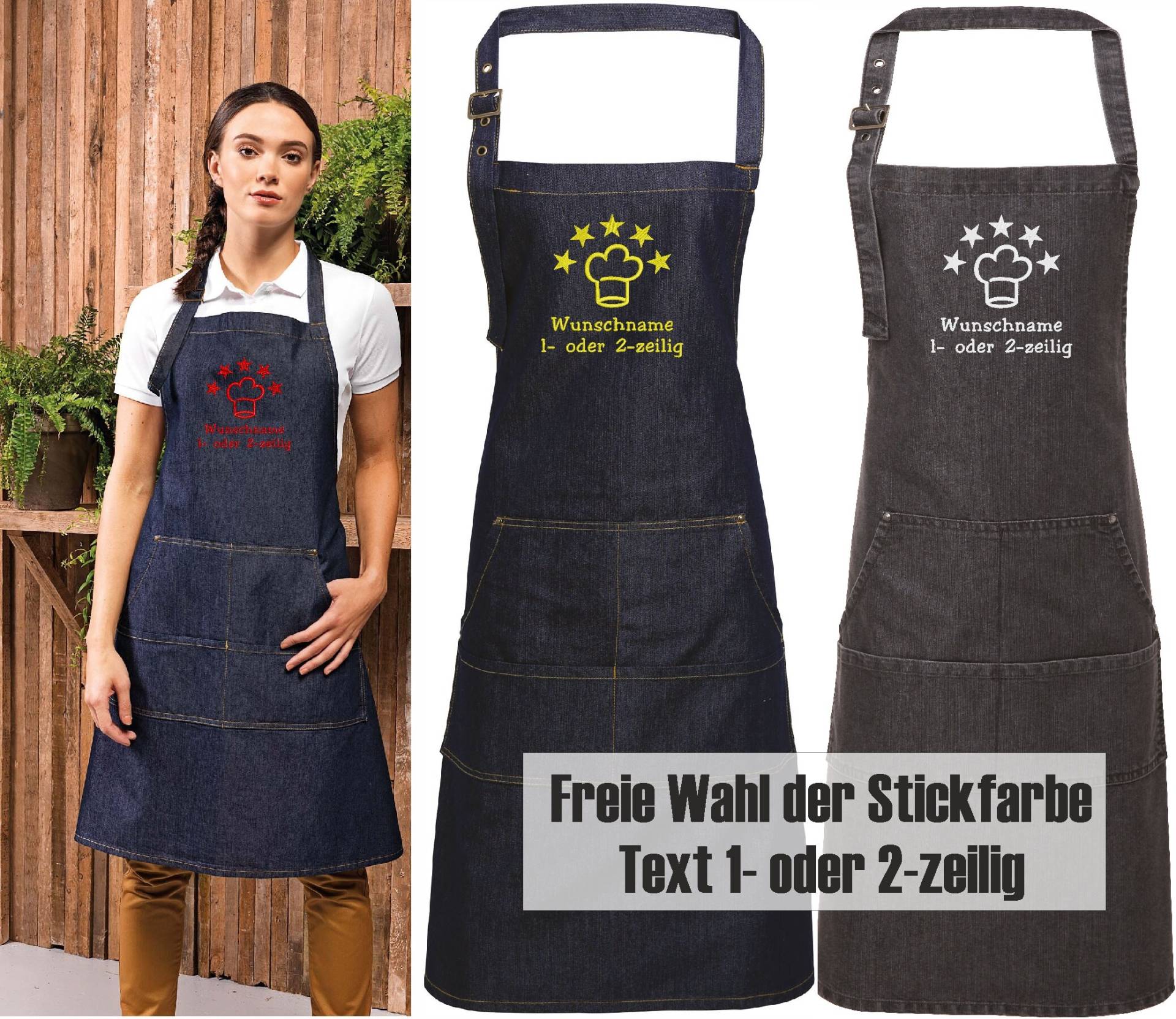 Denim Schürze Bestickt Mit Name/Text + Motiv "Kochmütze 5 Sterne Deluxe" von schuerzenmarkt