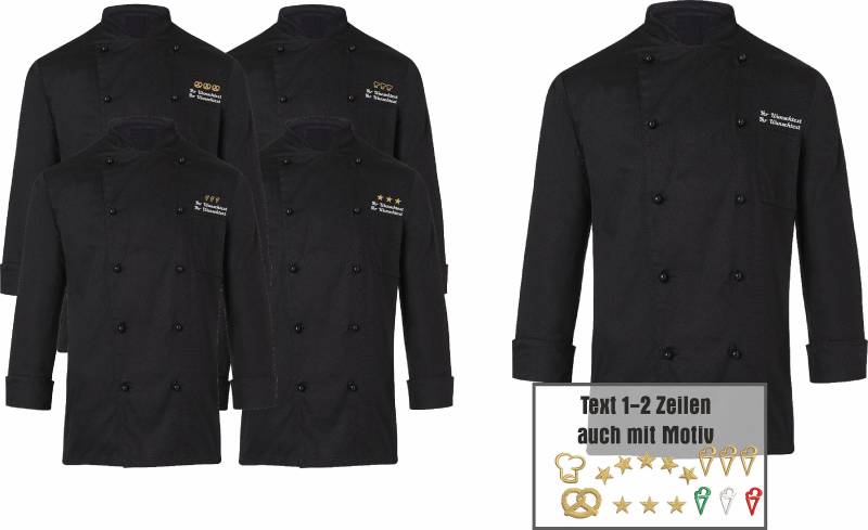 Kochjacke Bestickt/Bäckerjacke Bestickt, Name Text 1-2-Zeilig + Motiv. Aus 100% Baumwolle von schuerzenmarkt