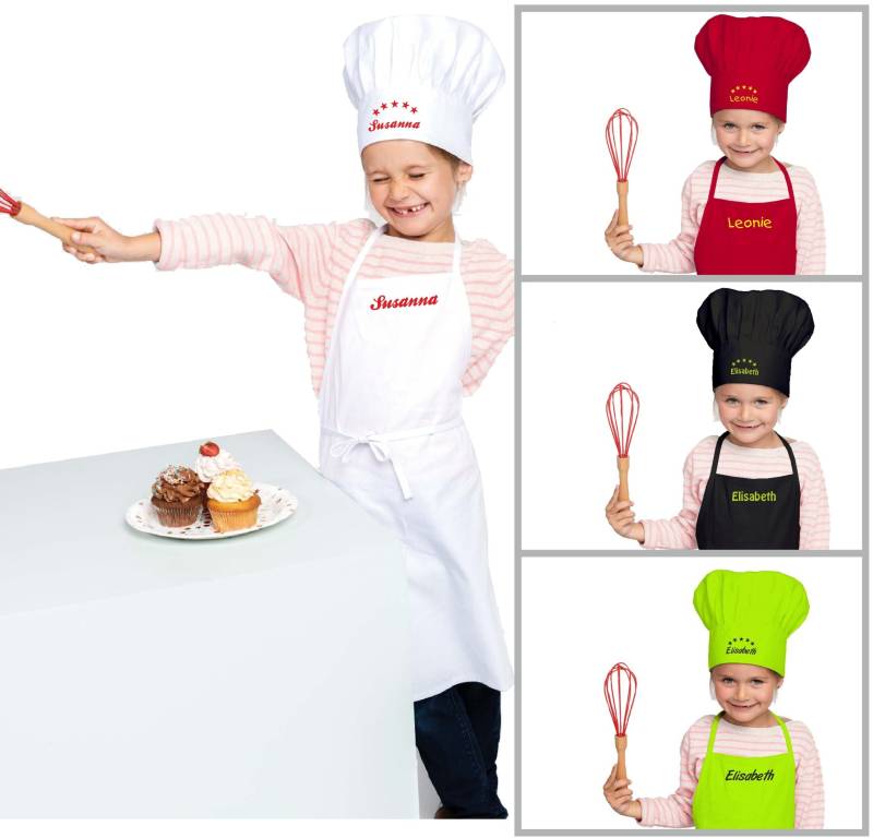 Set Kinderschürze + Kochmütze Bedruckt Mit Name von schuerzenmarkt
