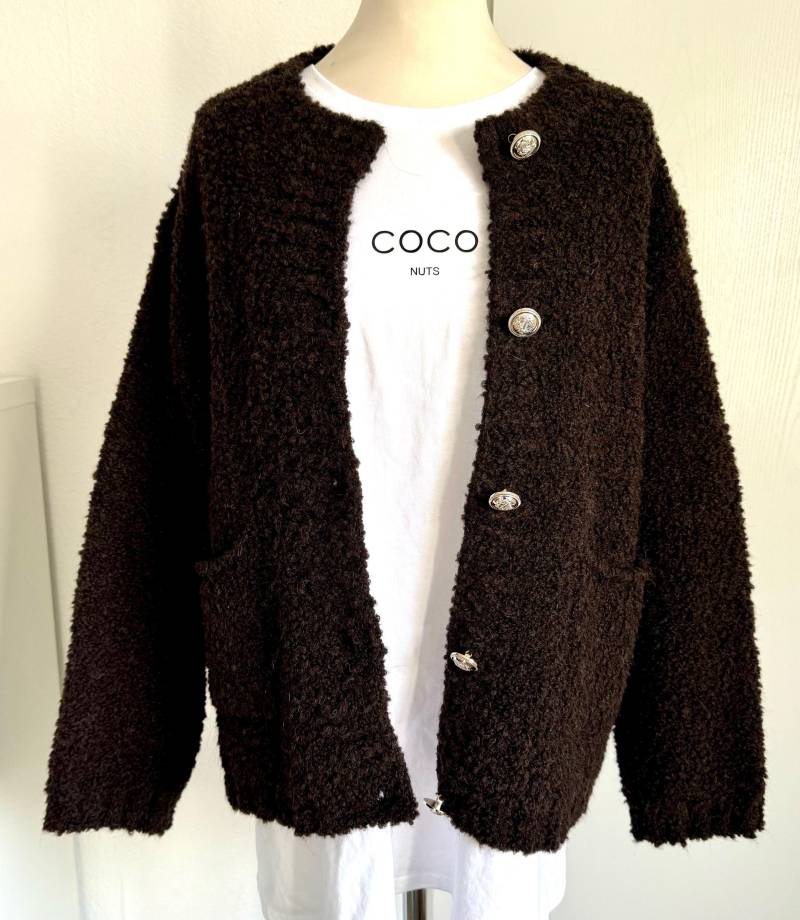 Bouclé Cardigan Espresso-Braun Mit Golden Knöpfen Xs-Xl Strickjacke - Schuhzwang von schuhzwang