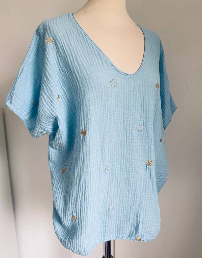 Musselinshirt Mit Herzchen Musselinbluse - Hellblau Schuhzwang von schuhzwang