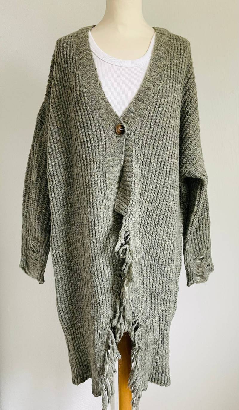 Oversized Cardigan Vintaglook Fransen Matcha-Grün/Grau Xs-Xl Strickjacke Strickmantel Schuhzwang von schuhzwang