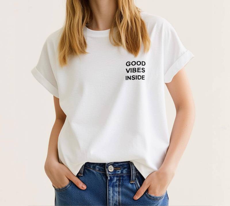 Round Neck Shirt Good Vibes Inside - Weiß/Schwarz Schuhzwang von schuhzwang