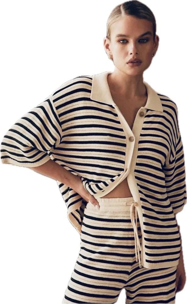 streifen Cardigan Kurzarm Knit - Hellbeige/Schwarz Schuhzwang von schuhzwang