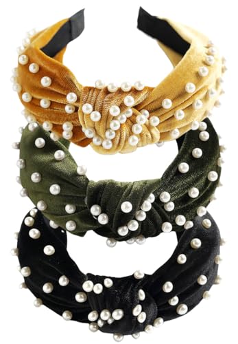 scicent Haarreif Damen 3 Stück Stoff Samt Haarreif mit Knoten Perlen Haarbänder Vintage Stirnband für Wunderschön Damen Haarschmuck Haarreifen, 3 Farben - 9829 von scicent