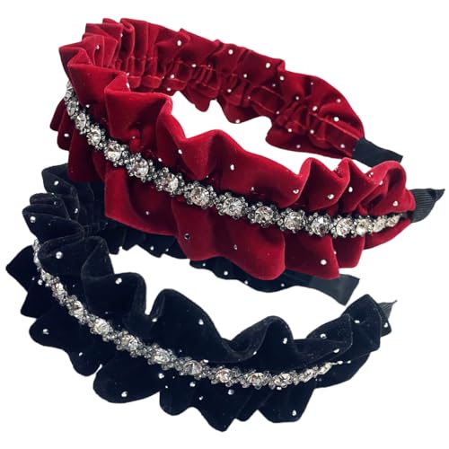 scicent Haarreifen 2 Stück Haarband Samt Haarreif mit Perle Stirnband Damen Breit Headband Elegant Haarbänder Perlenstirnband Haarschmuck für Frauen (Burgunderrot+Schwarz) - 15720 von scicent