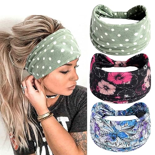 scicent Haarreifen Damen 3 Stück Damen Boho Stirnband Kopfband Haarband Gedruckt Stirnbänder Knoten Verdrehtes Elastische Kopf Wickeln Niedlich Haarschmuck für Mädchen, 14214 von scicent