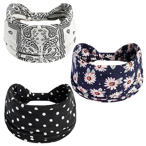 scicent Haarreifen Damen 3 Stück Stirnbänder Haarreifen Breite Boho Blumendruck Knot Yoga Sport Haarbänder Elastische Haarschmuck Mehrfarbig Weiche Turbane für Frauen - 13529 von scicent
