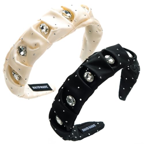 scicent Haarschmuck 2 Stück Breite Haarreifen Plissierte Strassstein Stirnband Damen Vintage Haarband Mode Kopfband für Mädchen Frauen (Weiß+Schwarz) - 15711 von scicent