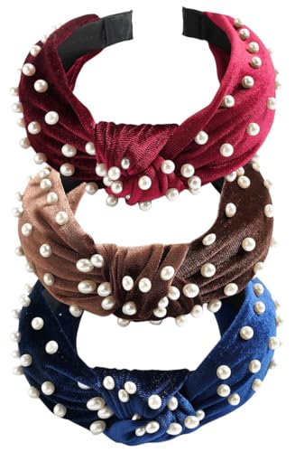 scicent Samt Haarreif 3 Stück Knoten Stirnband Samt Haarreifen Elegant Haarband Perlenstirnband Haarschmuck Breit Vintage Haarreifen für Frauen, 3 Farben - 9830 von scicent