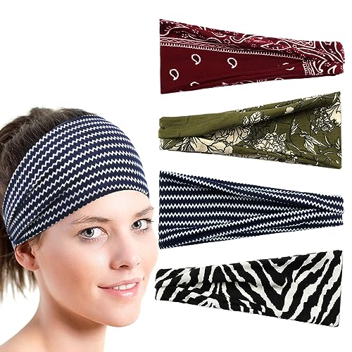 scicent Stirnbänder Damen 4 Stück Haarbänder Weiches Stirnband Damen Sommer Breites Kopfband Elastisches Haarband Mehrfarbig Blumendruck für Lauf Yoga Fitness - 13211 von scicent