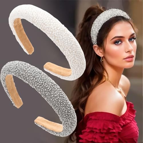 scicent Stirnband 2 Stück Gepolstert Haarreif Mode Strass Stirnbänder Breite Haarband Hochzeit Braut Haarschmuck Schwamm Kopfband Haar-Accessories für Frauen und Mädchen - 26413 von scicent