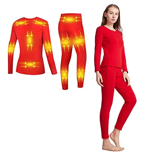 scosao Beheizbare Thermounterwäsche Damen Funktionsunterwäsche Set USB Beheizte Thermowäsche Base Layer Skiunterwäsche Winter Innenfleece Lange Warm ​Heizung Unterwäsche mit 16 Zonen Beheizt,Red,XL von scosao