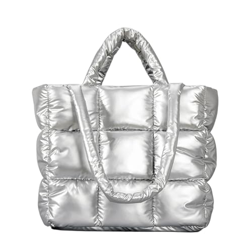 scoseptzy Große Puffer Tragetasche für Frauen, gesteppte Baumwolle gepolsterte Handtaschen, Winter Soft Puffer Down Polsterung Schultertaschen, silber, Einheitsgröße von scoseptzy