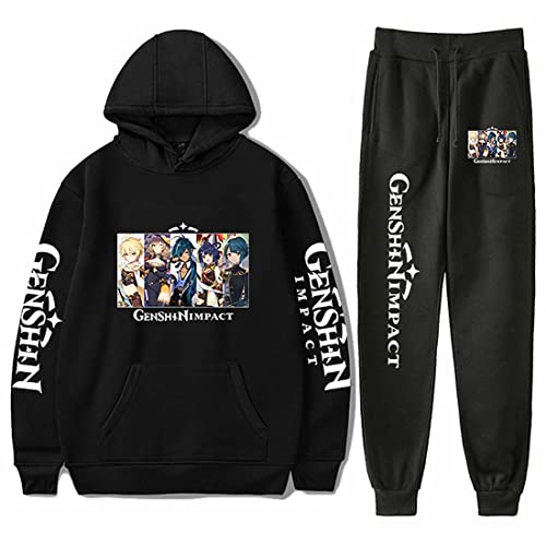 sdfsdfsd Game Genshin Impact Cartoon Hoodie Hosenanzug, Unisex, lässige schwarze Sportbekleidung, für Spiele-Fans, Geschenke, Schwarz 1, L von sdfsdfsd