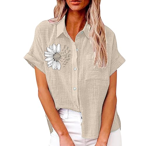 Damen Bluse Sommer Elegant Baumwolle Leinen Hemd Kurzarm Oberteile V-Ausschnitt Button-down Blusen Casual Hemdbluse Basic Revers Shirts Tunika Tops Kurzarm Blusen Damen Angebote des Tages Heute von sdhienbb
