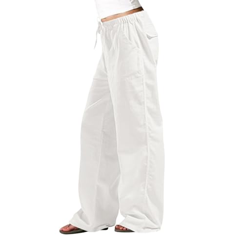 sdhienbb Hose Damen Sommer Casual Baumwolle Leinen Stoffhose Einfarbig Freizeithose Stretch Leicht Leinenhose Straight Leg Hose Und Taschen Sommerhose Weiß Damen Warehouse Deal Arbeits von sdhienbb