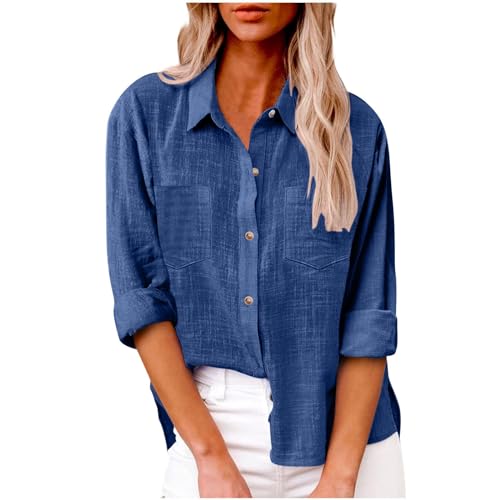 sdhienbb Oversize Pullover Damen,Damen Bluse Elegant V-Ausschnitt Hemd Langarm Casual Arbeit Einfarbig Button Down Lose Langarmshirt Oberteile Tops Leinenhemd von sdhienbb