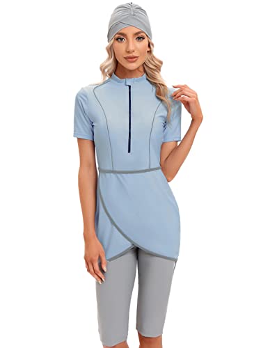 seafanny Frauen Muslimische Bademode Crop Short Burkini Modest Badeanzug mit Frontreißverschluss(azurblau 48) 4XL von seafanny