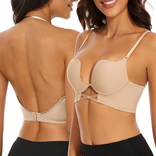 seagallery BH mit niedrigem R?cken f?r Damen, tiefer Schnitt, tiefer V-Ausschnitt, Push-Up, B?gel, mehrweg-umwandelbarer BH, Nude, 85B von seagallery