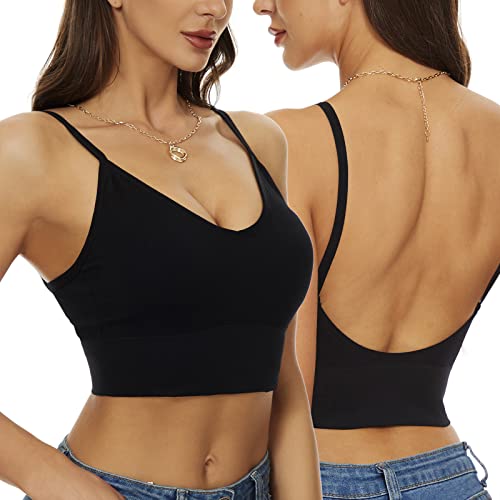 seagallery Bralette für Damen, rückenfrei, Sport-BH, niedriger Rücken, nahtlos, kabellos, gepolstert, langes BH-Top, Schwarz , Large von seagallery