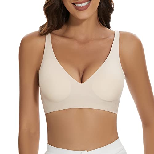 seagallery Wirefree Nahtloser BH für Frauen Unsichtbarer Tiefer V Plunge BH mit herausnehmbarer Polsterung, beige, Large von seagallery