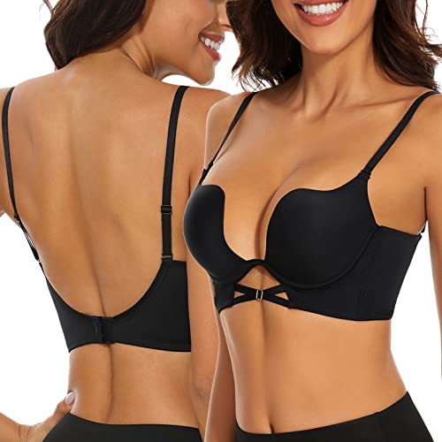 seagallery Niedriger Rücken-BH für Damen, tiefer Schnitt, tiefer V-Plunge-Push-Up-BH mit Draht-Hebe-BH, Schwarz , 85C von seagallery