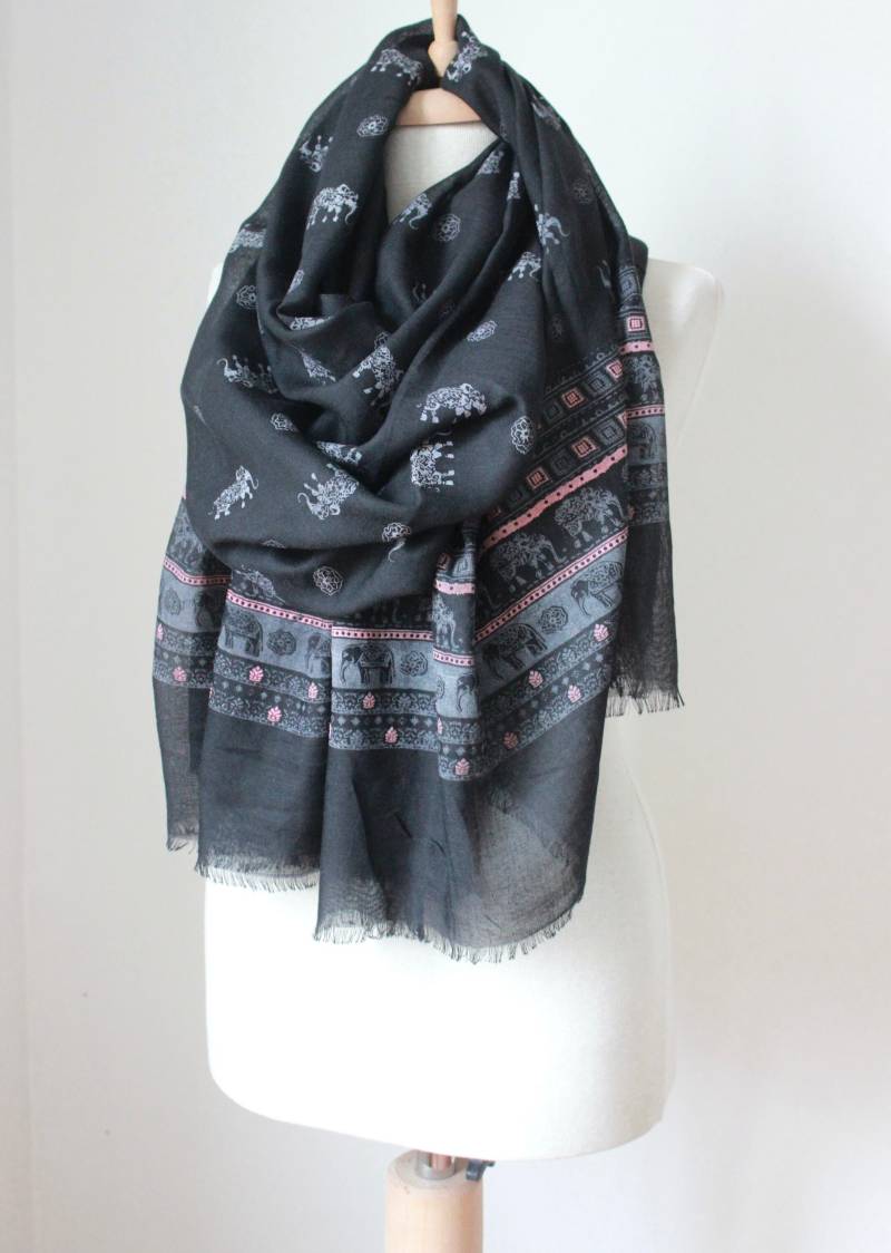 Elefant Gemusterter Baumwollschal - Gedruckter Schwarzer Schal Schalschal von seahorsescarf