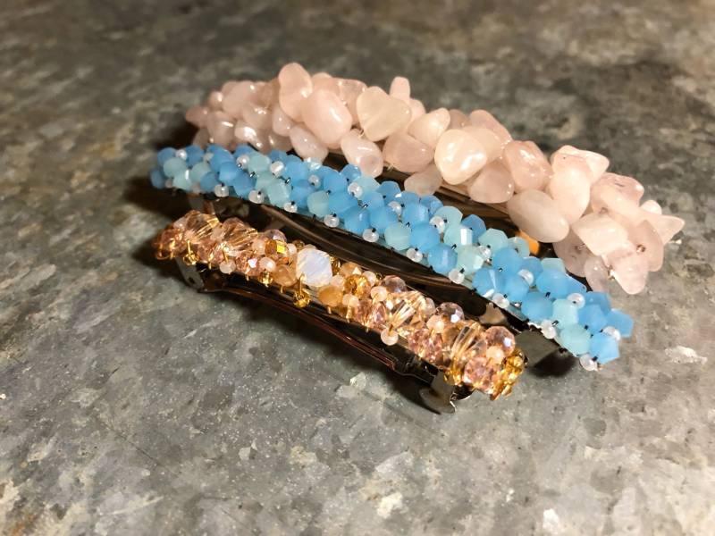 Glas Bead Haarspangen. Elegante Abend Tragen Haar-Accessoires. Formale/Lässig, Einzigartige Natürliche Rosenquarz Stein Chips Hand Perlen von seamingly60s