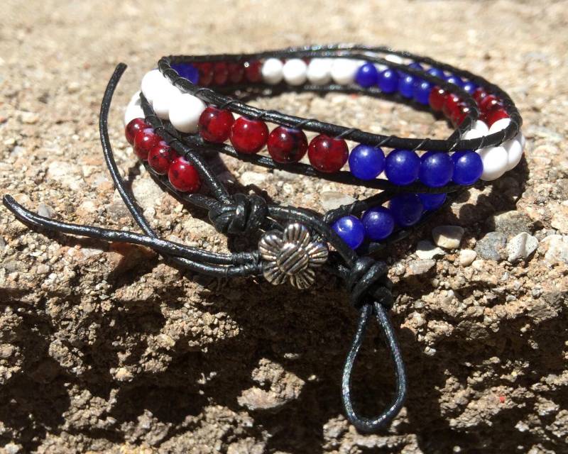 Rot, Weiß Und Blau Usa Dreifach Wickelarmband. Frau Perlen Lederarmband. 3 X Schwarzes Lederwickelarmband Wickeln. Ausverkauf von seamingly60s