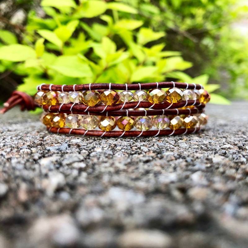 Topas & Champagner Kristallglas Facettierte Perle Wickelarmband/Damen Doppel 2 X Perlen Armband Aus Leder von seamingly60s