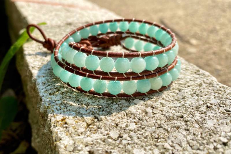 Türkis Perlenfarbenes Doppelwickelarmband. Damen Echt Leder Schmuck/Türkis Edelstein Perlen Armband. Einzigartiger Handgemachter Für Frauen von seamingly60s