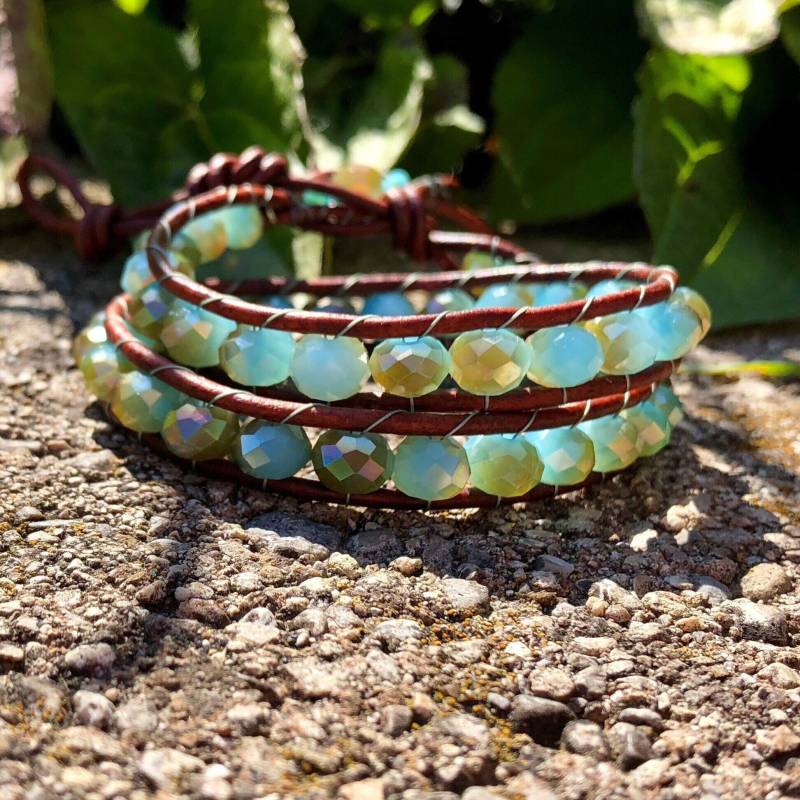 Türkis & Braun Glas Perlen Armband/2 X Wickelarmband Schöne Doppelt Genuine Leder Schmuck Für Frauen von seamingly60s