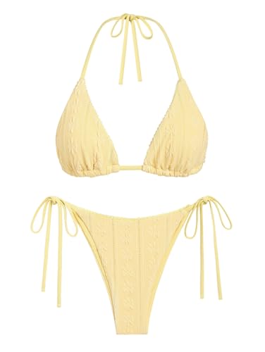 seamoly Bikini-Set mit kontrastierender Einfassung, strukturiertes Neckholder, Dreiecksbindung, seitliche Schnürung, Gelb - 05, Medium von seamoly