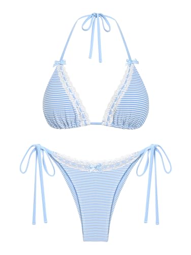 seamoly Bikini-Set mit kontrastierender Einfassung, strukturiertes Neckholder, Dreiecksbindung, seitliche Schnürung, Himmelblau-03, Medium von seamoly