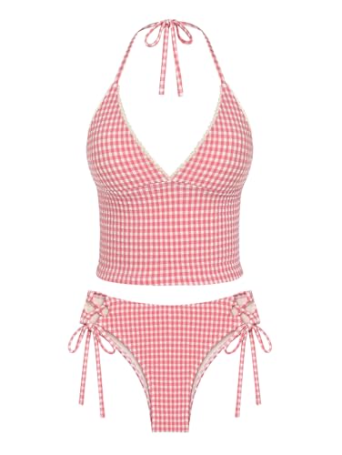seamoly Damen Tankinis gestreift Neckholder String Tie Side 2 Piece Tankini Sets Badeanzug, Hellrosa, Größe 38, Medium von seamoly