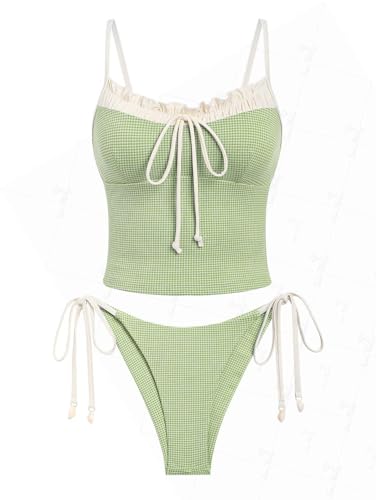 seamoly Gingham-Tankini-Set mit Schleife und Schnürung an der Seite, Grün, S von seamoly
