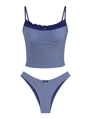 seamoly Gingham-Tankini-Set mit Schleife und Schnürung an der Seite, Tiefes Blau, Large von seamoly