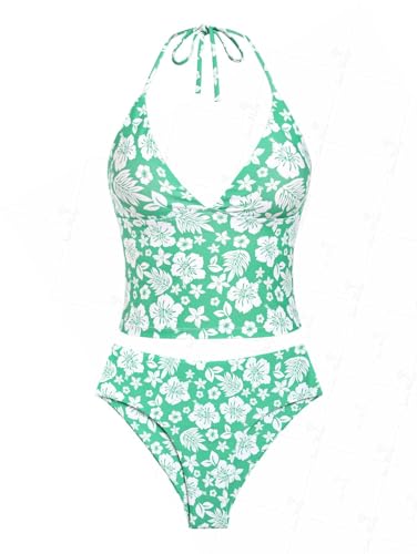 seamoly Neckholder-Tankini-Set mit Blumenmuster, Hellgrün-01, S von seamoly
