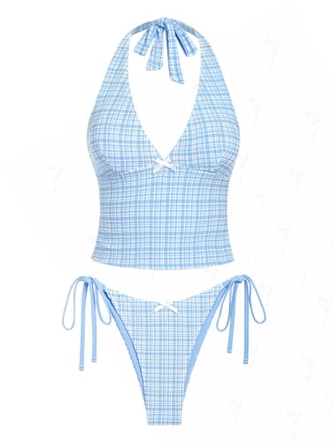 seamoly Schickes Tankini-Set mit Samtschleife und geknotetem Dekor, Hell, blau, S von seamoly
